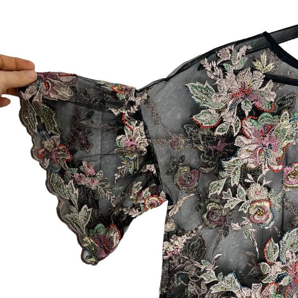 Sundance Black Multicolor Celeste Embroidered Sheer Short Sleeve Top Medium - Picture 8 of 8